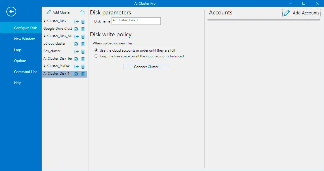 Air Cluster disk parameters for creating a cluster and adding accounts