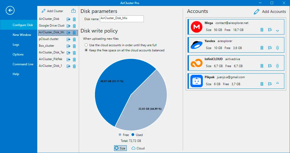 Air Cluster write policy with options to use accounts in order or balance free space
