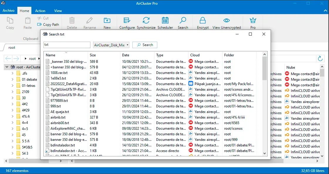 Air Cluster search window with file results from the clouds in a cluster