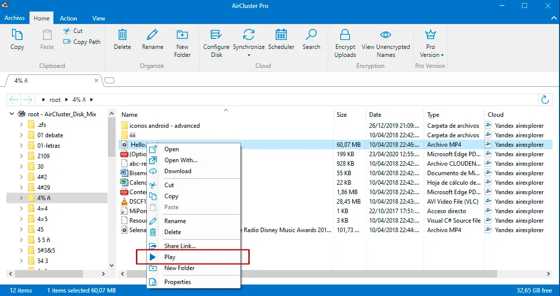Air Cluster window for playing a video directly from the cloud