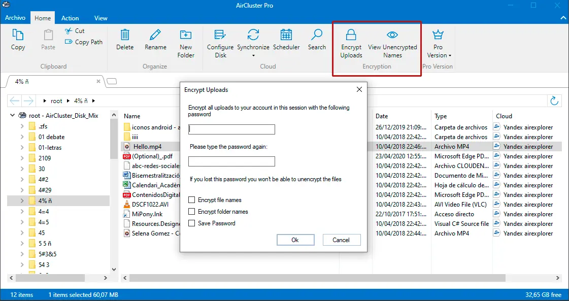 Air Cluster options for managing encrypted files and requesting a password at startup