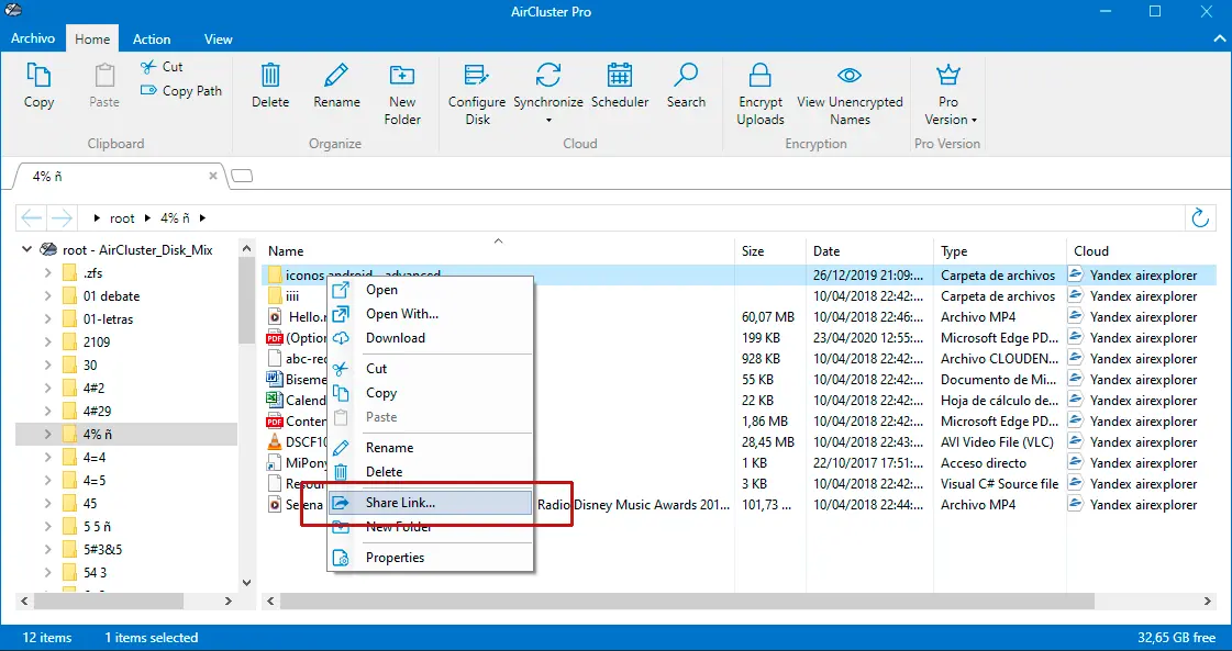 Air Cluster window for creating and sharing a file link