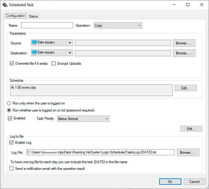 Air Cluster Scheduler showing scheduled tasks and their status