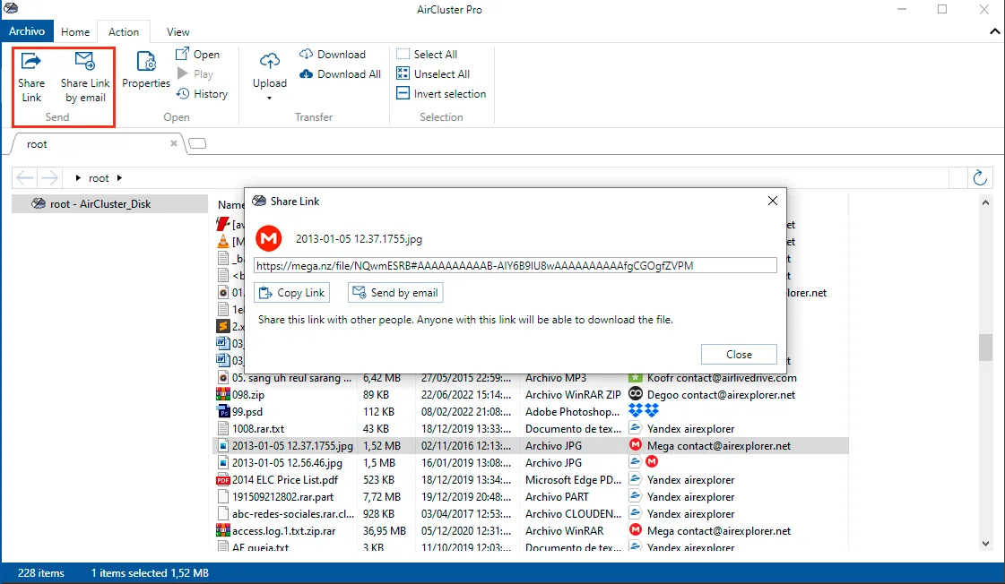 Manage your files in a cloud cluster: shared a link