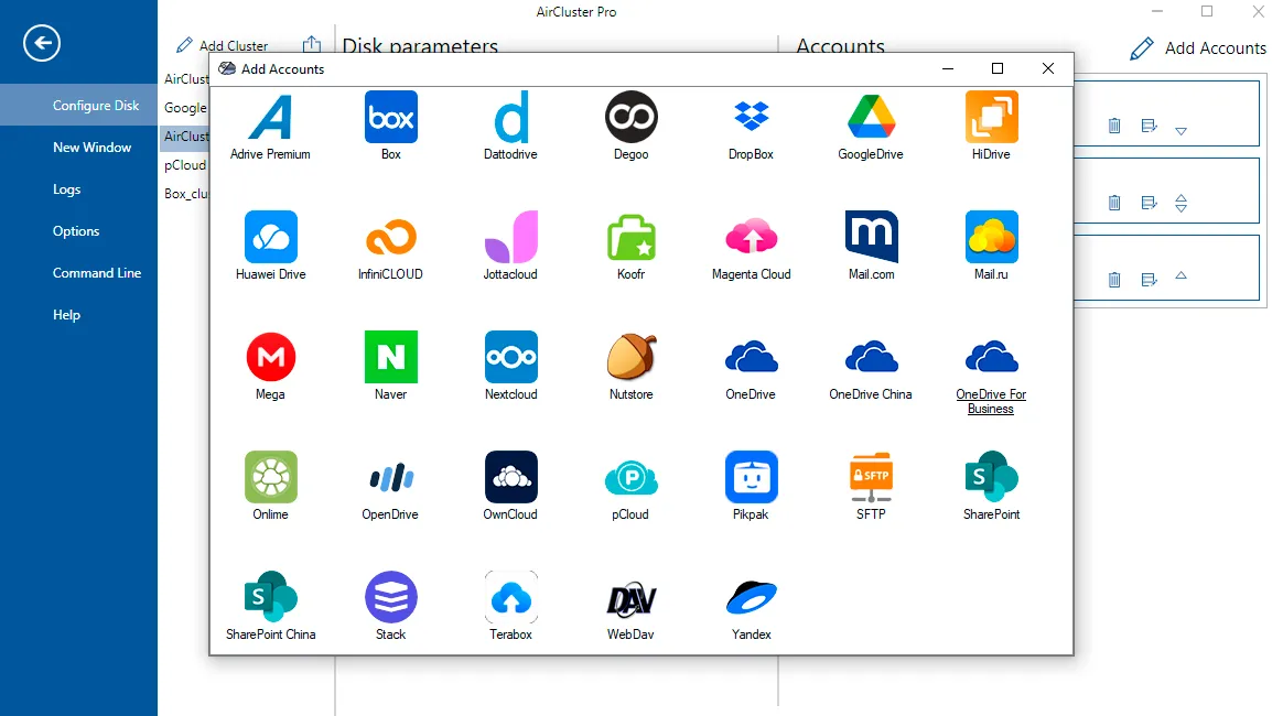 Air Cluster supports major providers such as Google Drive, OneDrive, MEGA, and Box